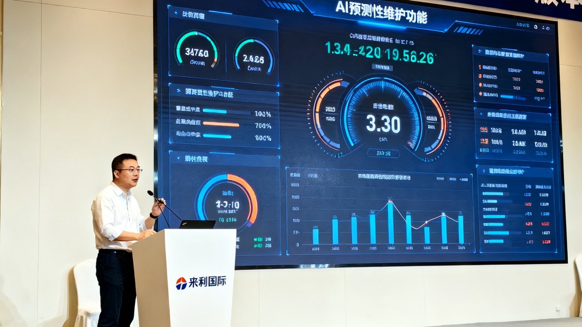 来利国际w66智能配电云平台3.0版本发布会现场照片，演讲台上技术总监正在演示AI预测性维护功能模块，大屏幕显示着实时数据仪表盘