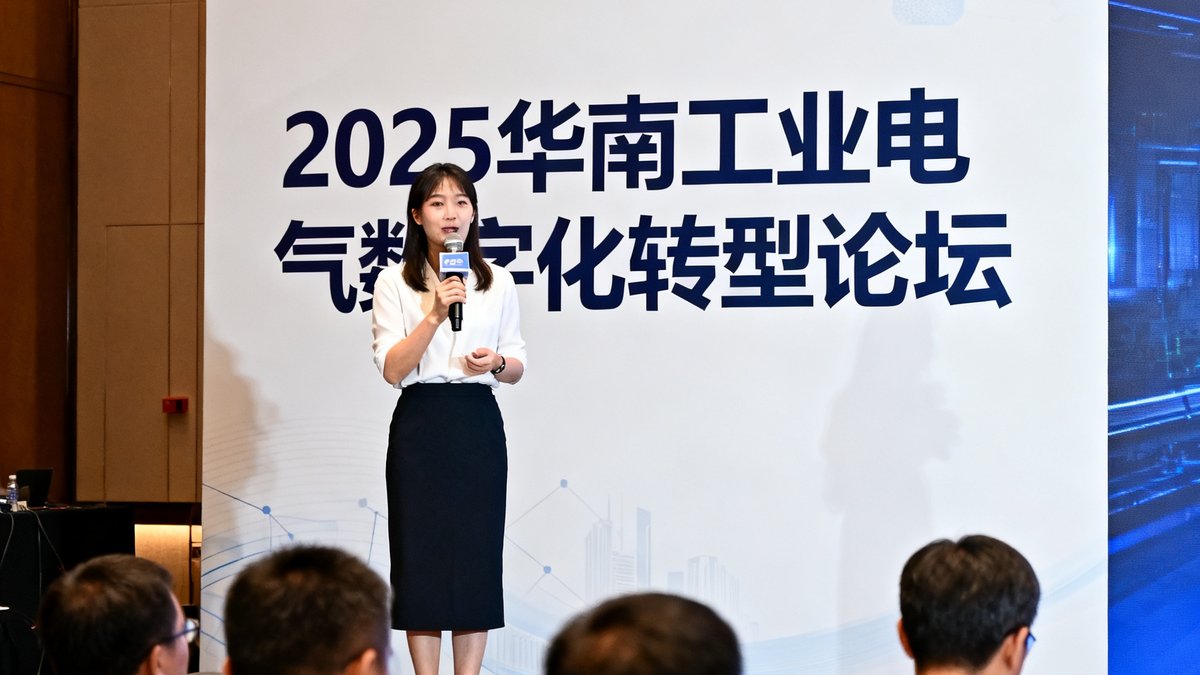 2025华南工业电气数字化转型论坛现场，来利国际w66技术总监林婉清作为演讲嘉宾在台上分享行业趋势