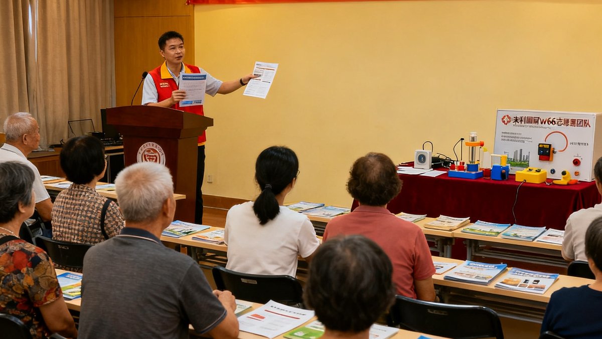 来利国际w66志愿者团队在深圳宝安社区活动中心为居民举办家庭用电安全公益讲座的现场照片